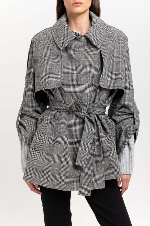 Nehera Black & White Checkered Wool Short Trench With Belt