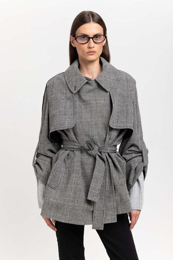 Nehera Black & White Checkered Wool Short Trench With Belt