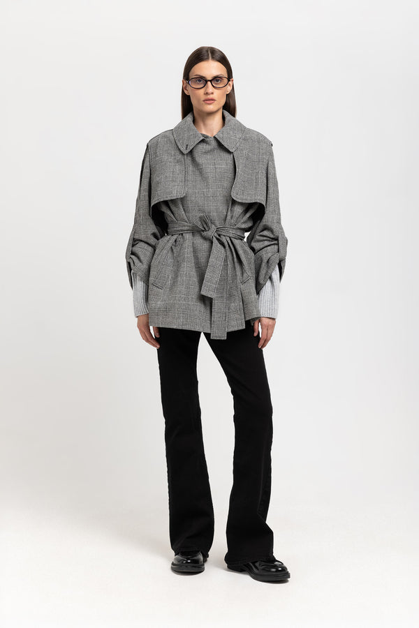 nehera Black & white checkered wool short trench with belt