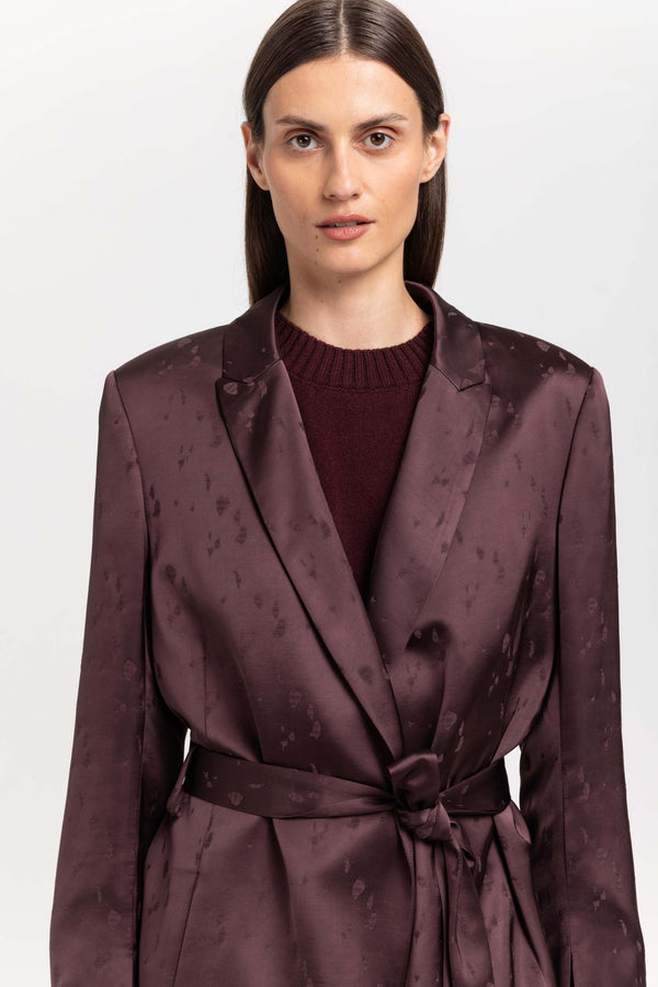 Nehera Burgundy Viscose Jacquard Belted Evening Jacket