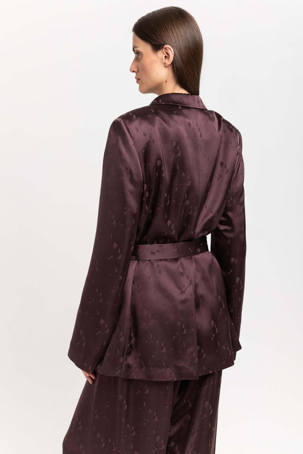 Nehera Burgundy Viscose Jacquard Belted Evening Jacket