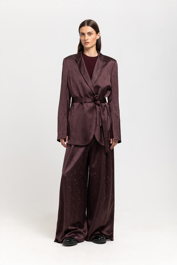 nehera Burgundy viscose jacquard belted evening jacket