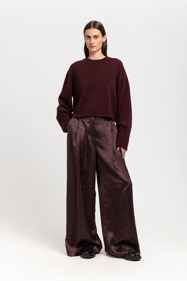 Nehera Burgundy Viscose Jacquard Evening High Waisted Wide Pants