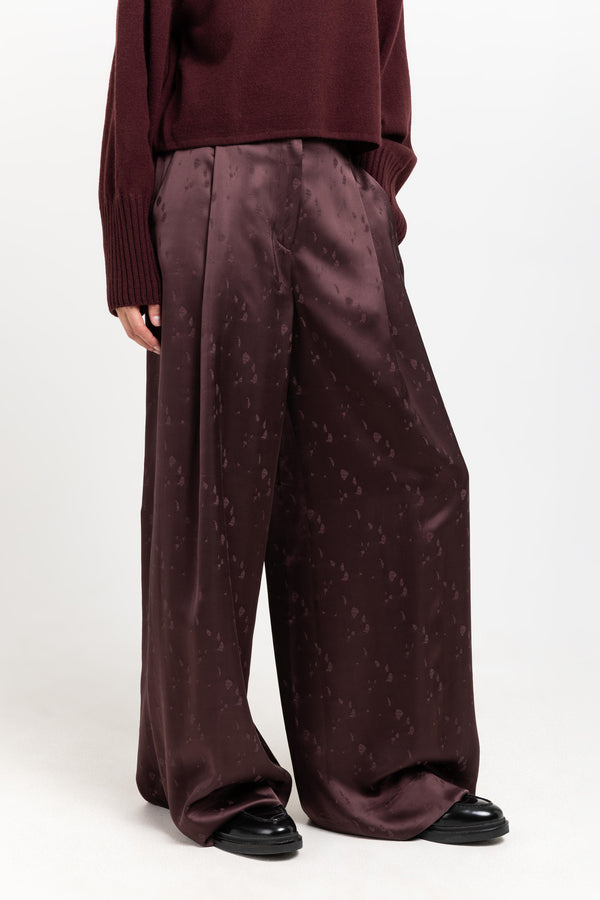 Nehera Burgundy Viscose Jacquard Evening High Waisted Wide Pants