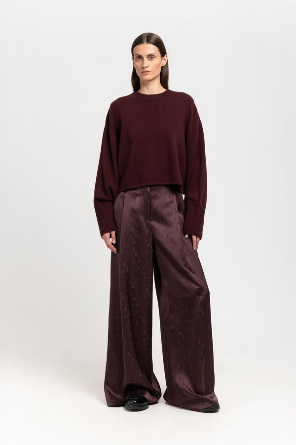 nehera Burgundy viscose jacquard evening high waisted wide pants