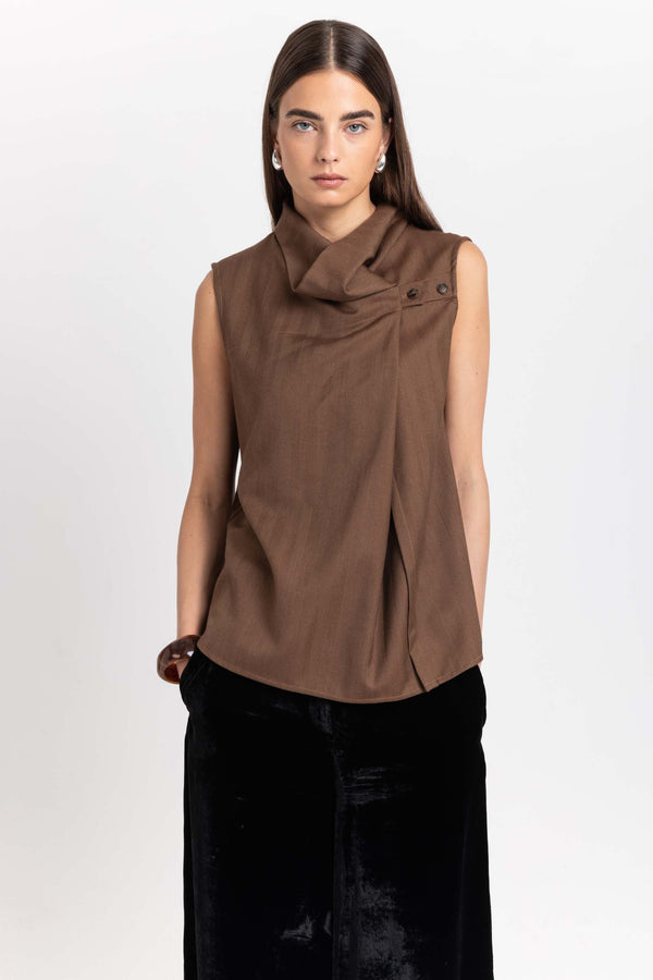 Nehera Caramel Herringbone Suiting Draped-front Blouse