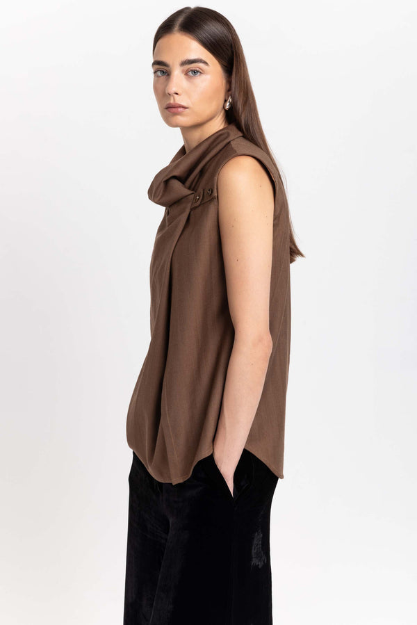 Nehera Caramel Herringbone Suiting Draped-front Blouse