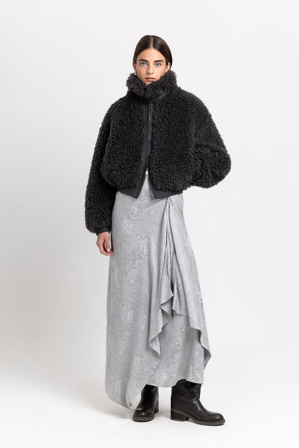 Nehera Charcoal Black Faux Alpaca Fur Bomber Jacket
