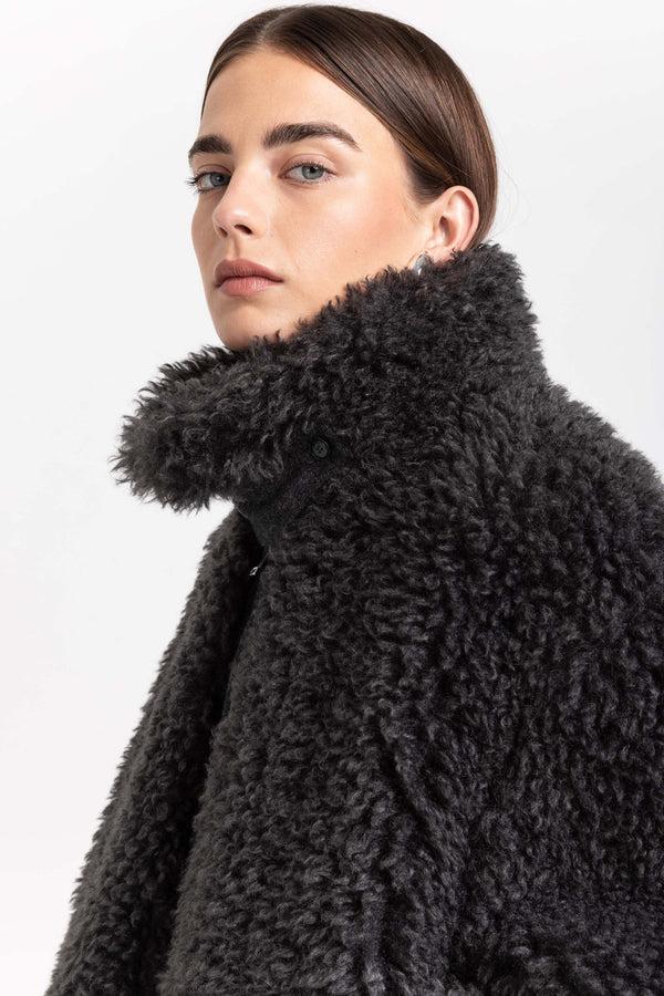Nehera Charcoal Black Faux Alpaca Fur Bomber Jacket