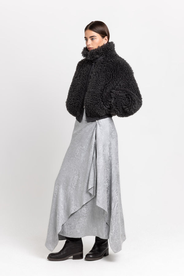 Nehera Charcoal Black Faux Alpaca Fur Bomber Jacket