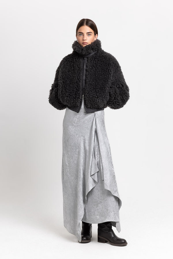 nehera Charcoal black faux alpaca fur bomber jacket