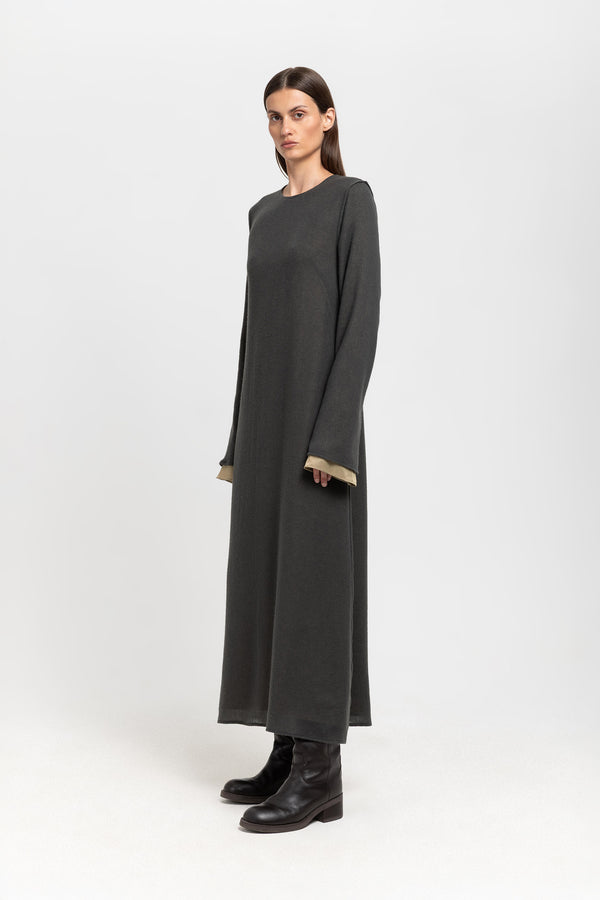 Nehera Dark Grey Cashmere Mousseline Bell Sleeve Midi Dress