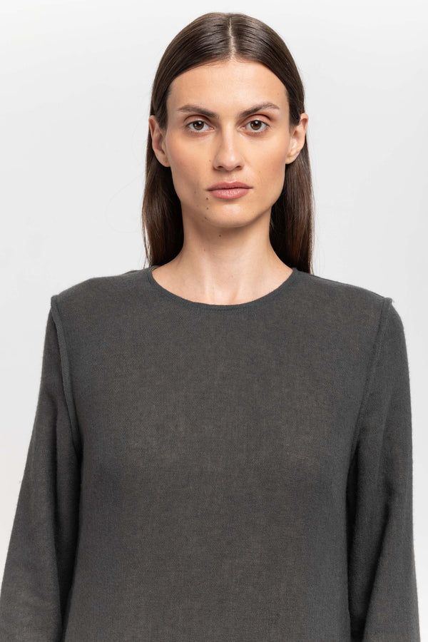 Nehera Dark Grey Cashmere Mousseline Bell Sleeve Midi Dress