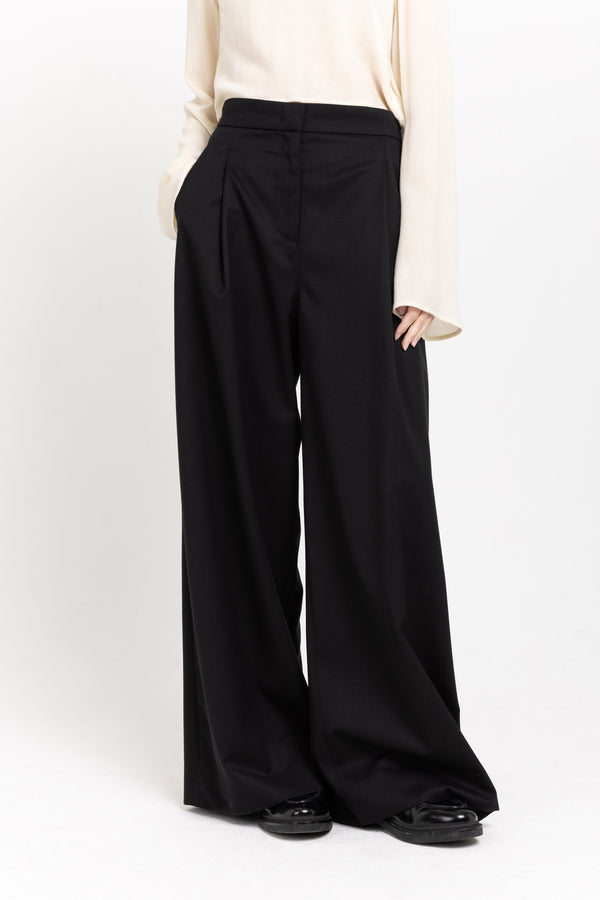 Nehera Deep Black Twill Wool High Waisted Wide Pants