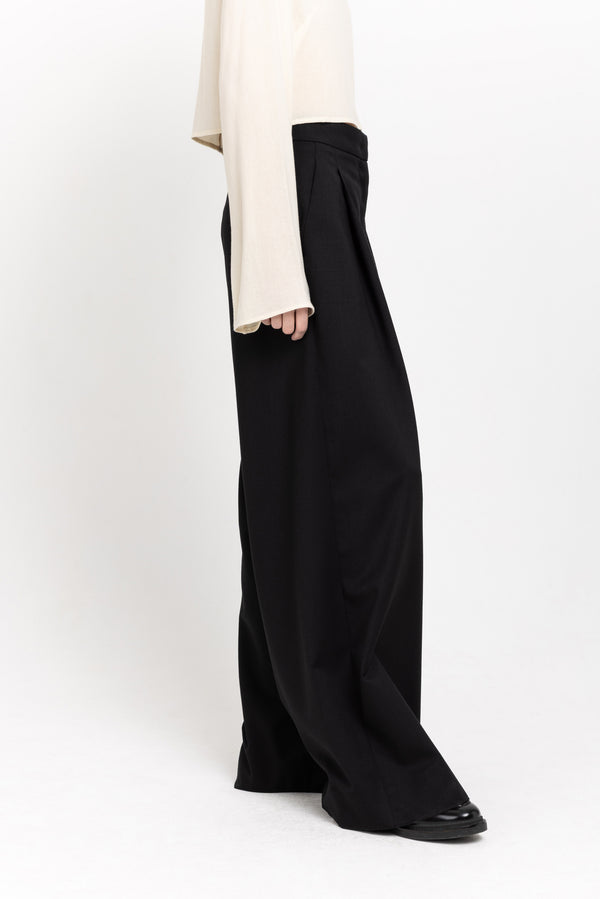 Nehera Deep Black Twill Wool High Waisted Wide Pants