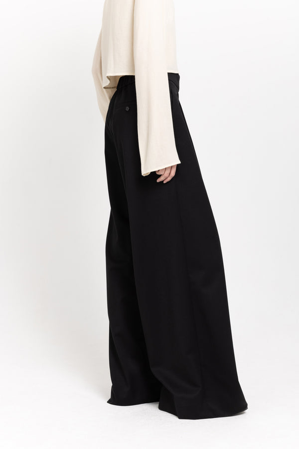 Nehera Deep Black Twill Wool High Waisted Wide Pants