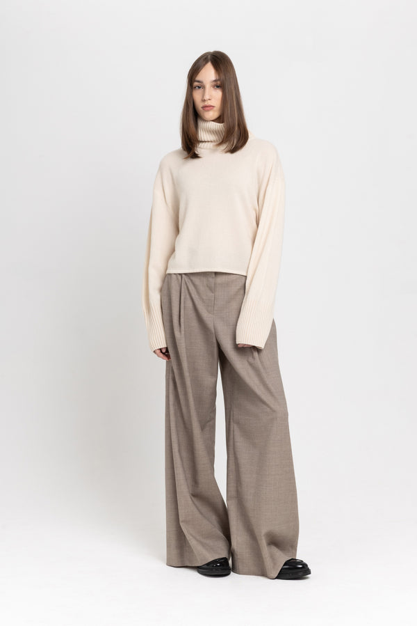 Nehera Grey Beige Light Wool Twill High Waisted Wide Pants