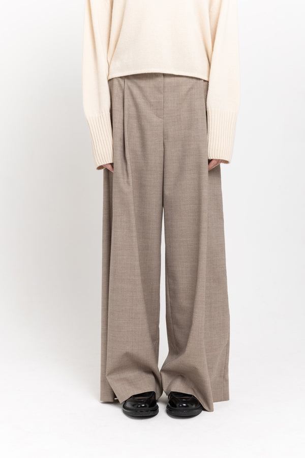 Nehera Grey Beige Light Wool Twill High Waisted Wide Pants