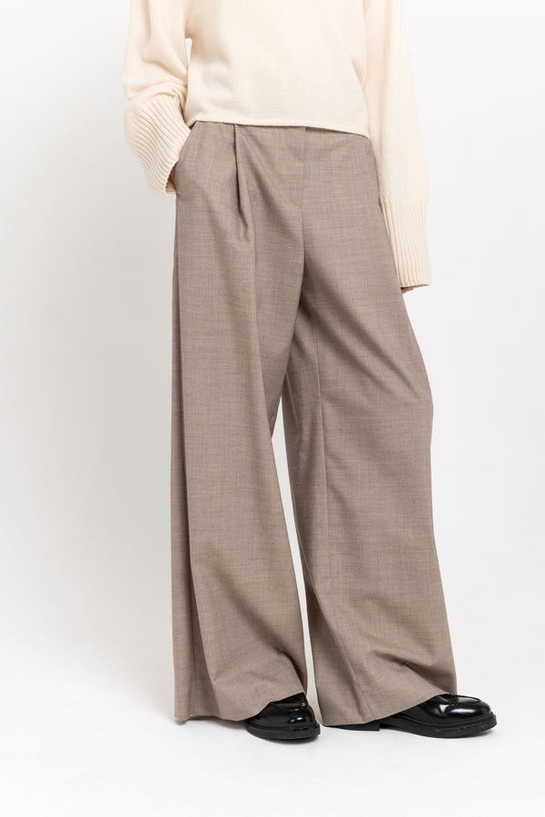 Nehera Grey Beige Light Wool Twill High Waisted Wide Pants