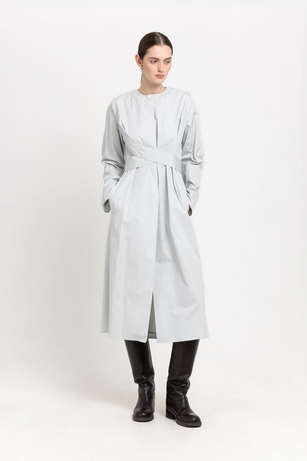 Nehera Grey Blue Washed Poplin Dress With Tie Detail