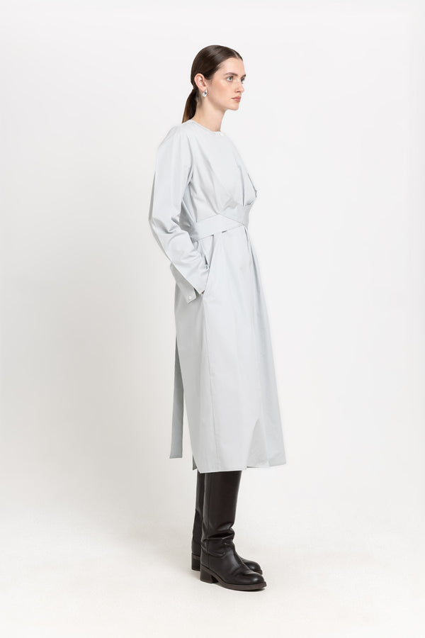 Nehera Grey Blue Washed Poplin Dress With Tie Detail