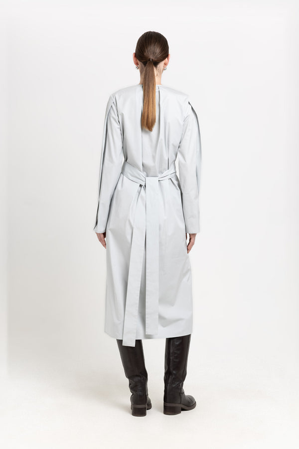 Nehera Grey Blue Washed Poplin Dress With Tie Detail