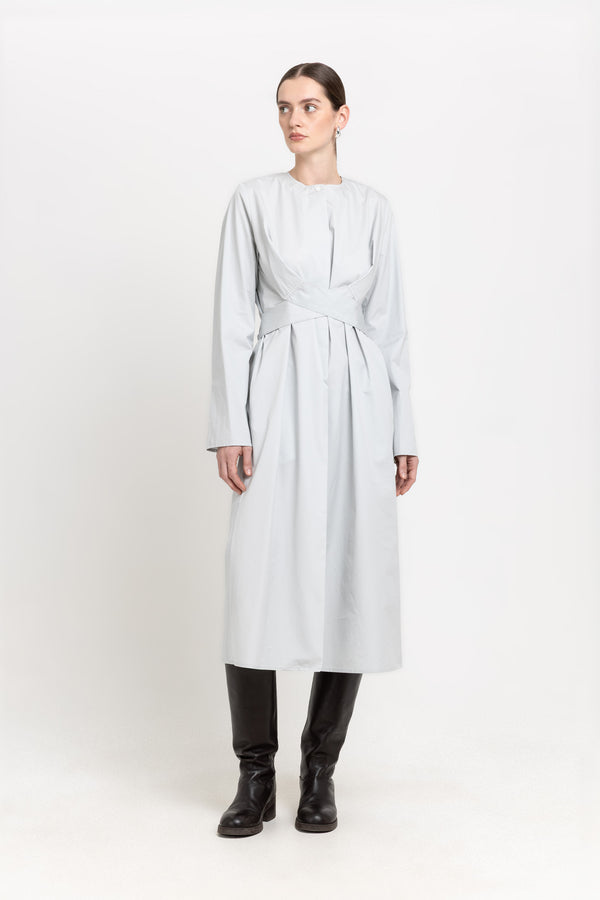 nehera Grey blue washed poplin dress with tie detail
