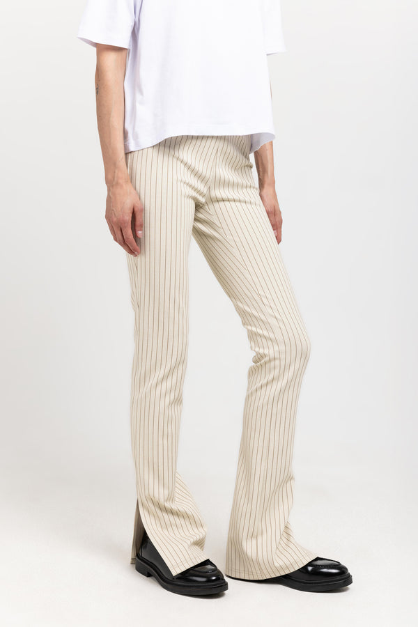 Nehera Ivory & Grey Striped Bistretch Flared Fitted Pants
