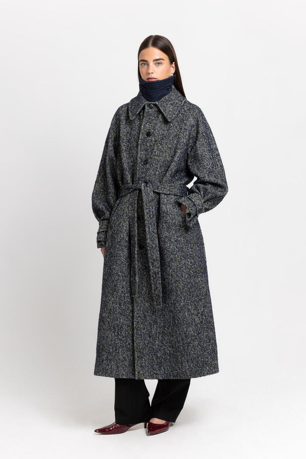 Nehera Navy & Green Twill Blend Unisex Coat With Double Collar