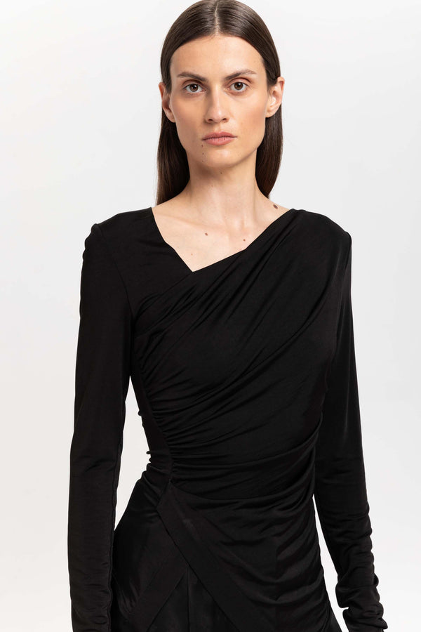 Nehera Black Acetate Jersey Asymmetric Ruched Top