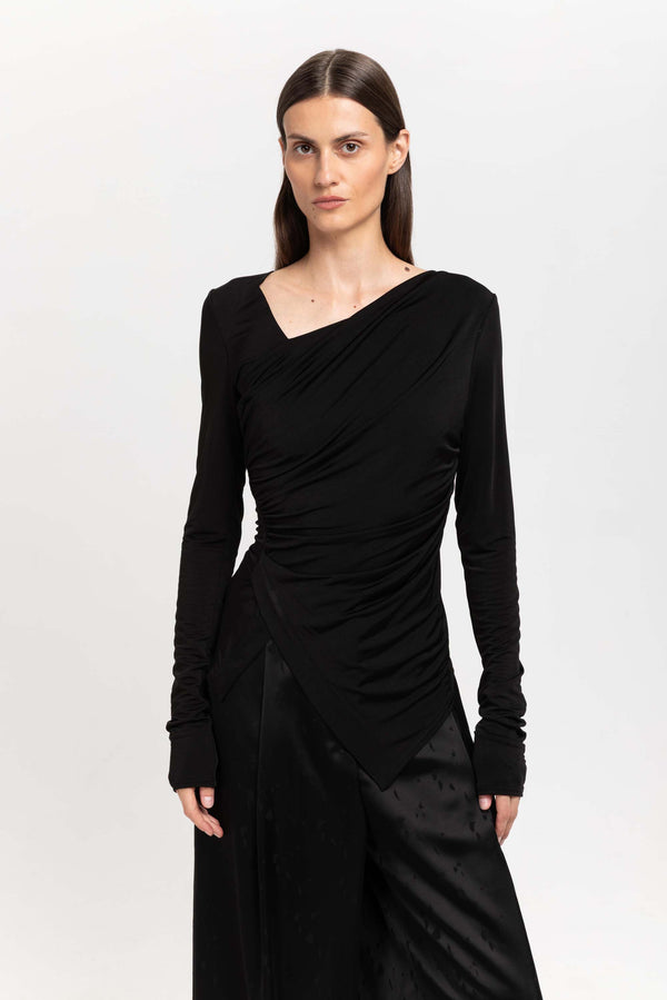 Nehera Black Acetate Jersey Asymmetric Ruched Top