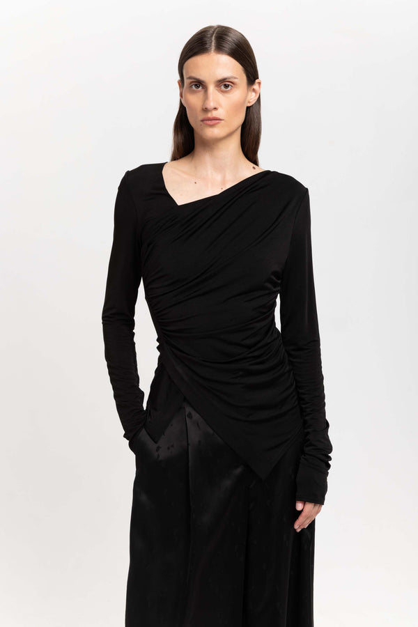 Nehera Black Acetate Jersey Asymmetric Ruched Top