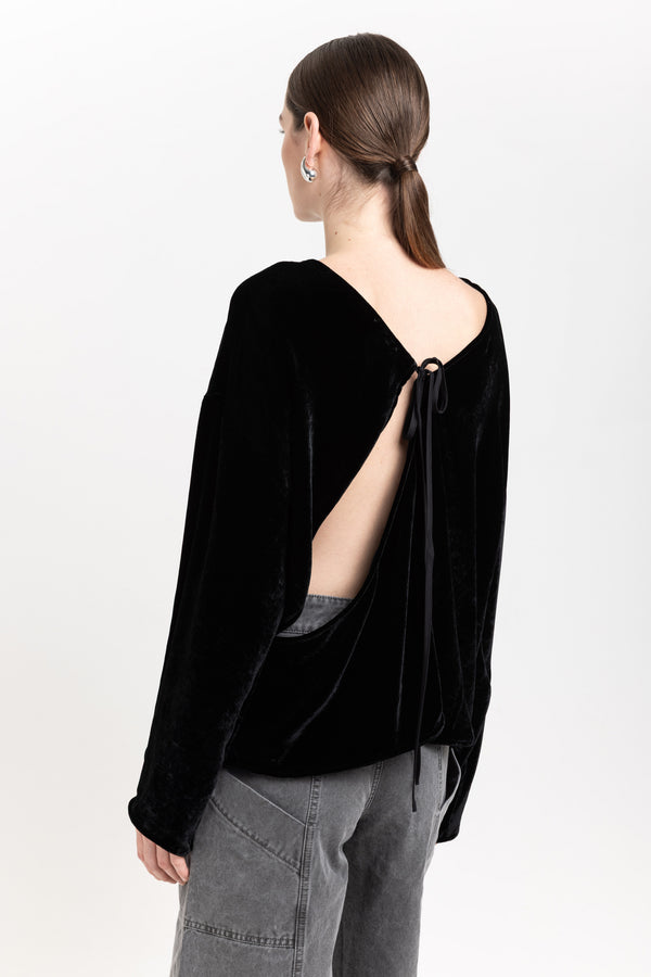 Nehera Black Silk Viscose Velvet Open Back Top