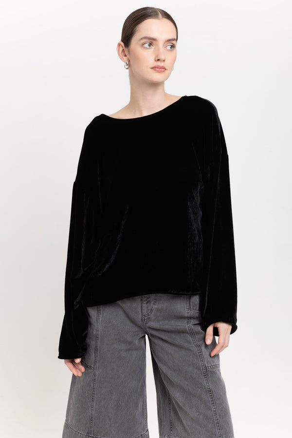 Nehera Black Silk Viscose Velvet Open Back Top