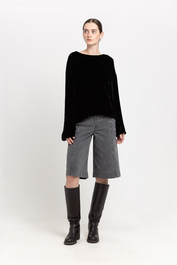 nehera Black silk viscose velvet open back top