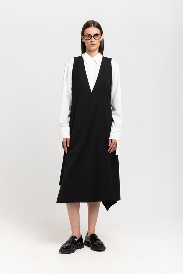 nehera Black wool twill sleeveless office dress