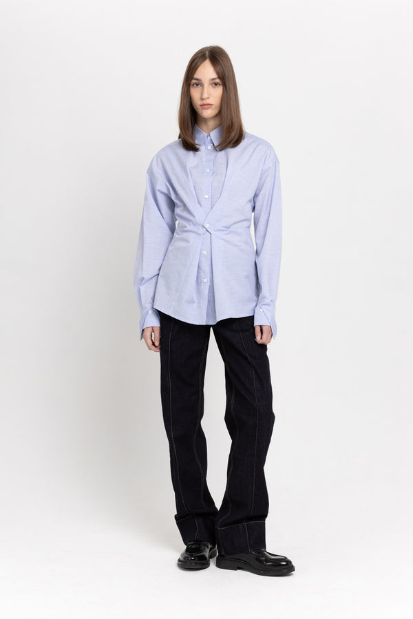 nehera Blue chambaray poplin wrap shirt