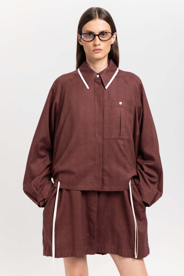 Nehera Burgundy Cotton Flannel Overshirt With Ties