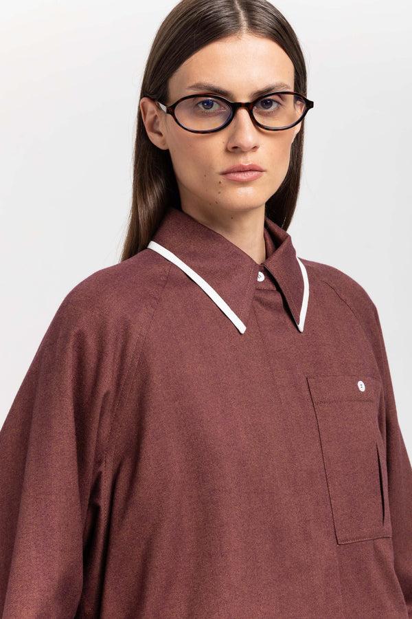 Nehera Burgundy Cotton Flannel Overshirt With Ties