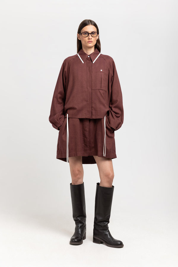 nehera Burgundy cotton flannel overshirt with ties