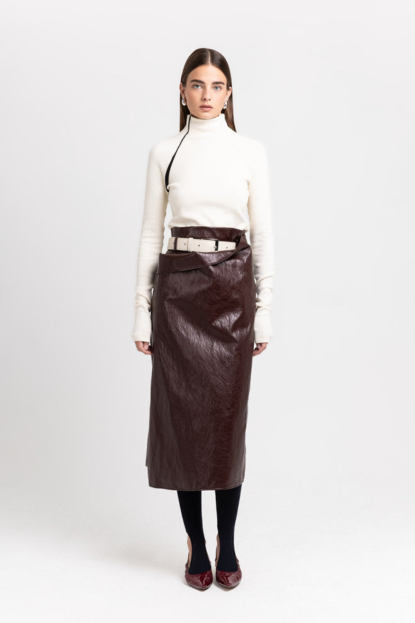 nehera Burgundy faux leather pencil skirt