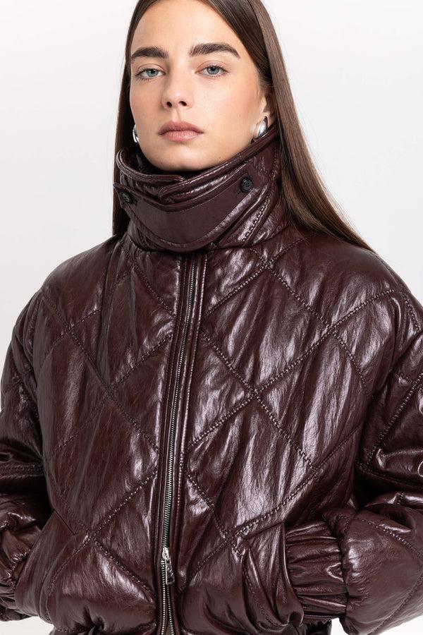 Nehera Burgundy Faux Leather Quilt Bomber Jacket