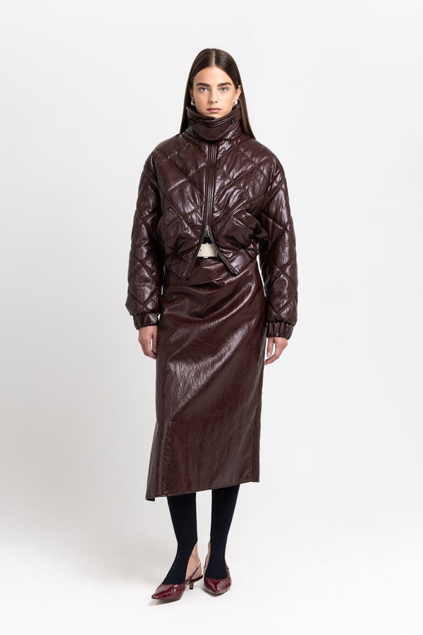 Nehera Burgundy Faux Leather Quilt Bomber Jacket