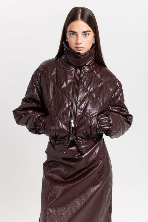 Nehera Burgundy Faux Leather Quilt Bomber Jacket