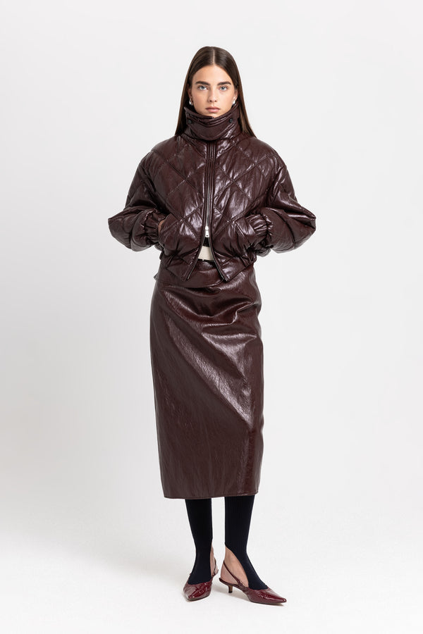 nehera Burgundy faux leather quilt bomber jacket