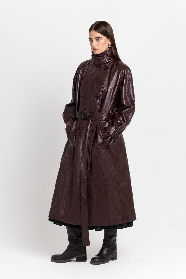 Nehera Burgundy Faux Leather Trench Coat