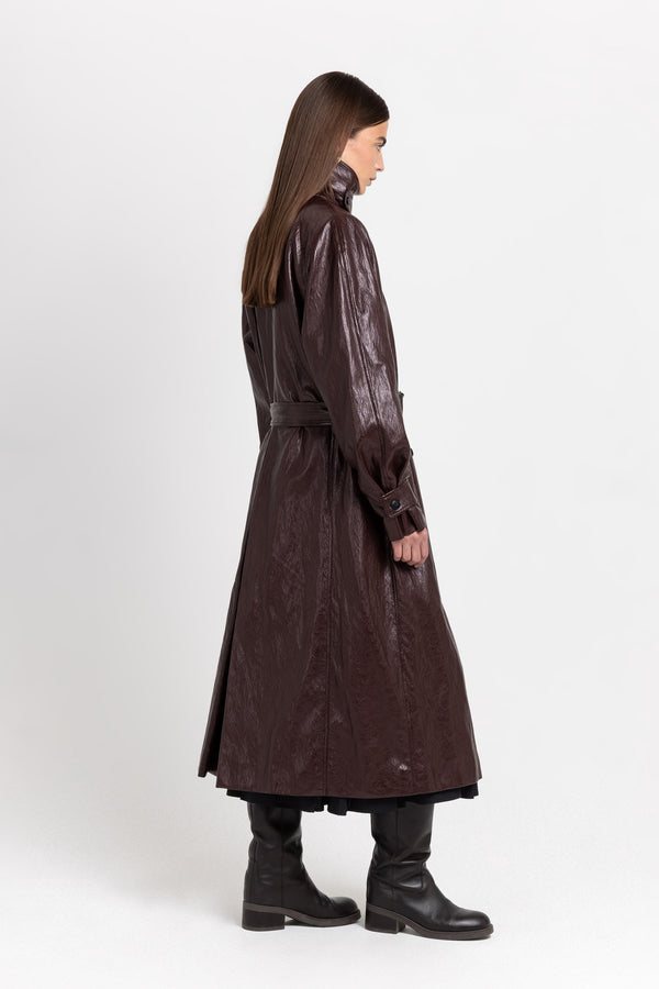 Nehera Burgundy Faux Leather Trench Coat