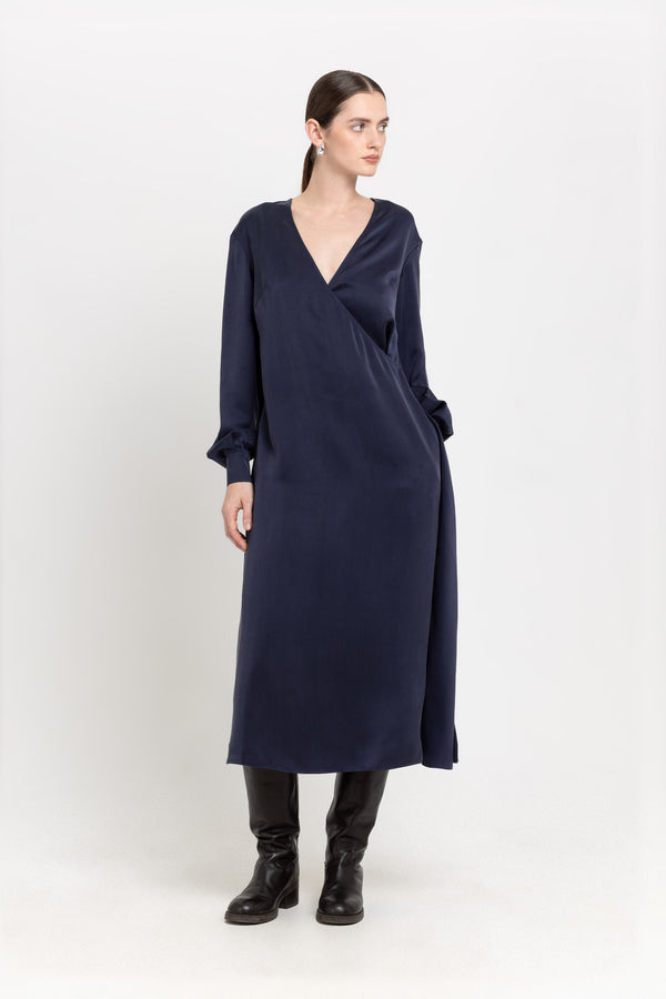 Nehera Dark Blue Cupro Twill Wrap Dress