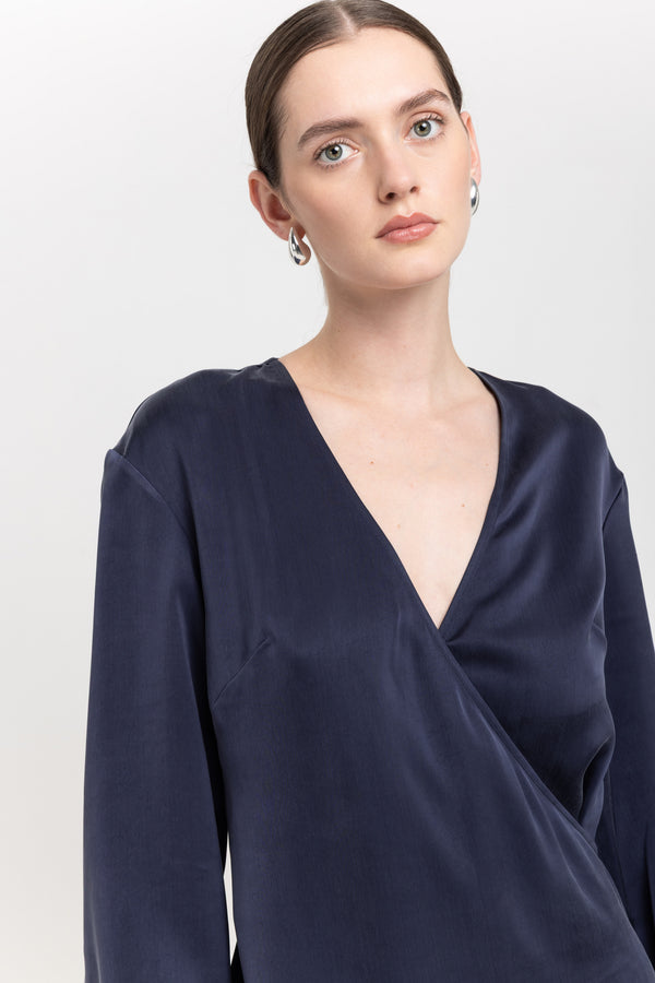 Nehera Dark Blue Cupro Twill Wrap Dress