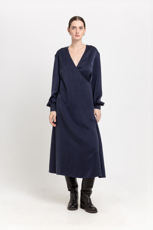 nehera Dark blue cupro twill wrap dress